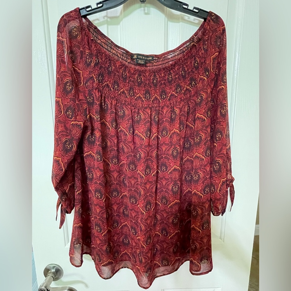 Love & Legend Red Smocked Blouse with Tie Sleeves.